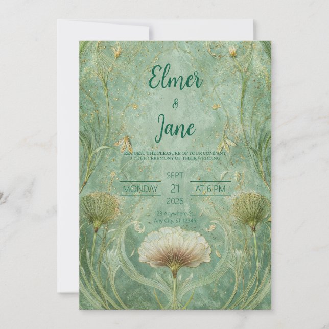 Art Nouveau Seafoam Gold Ginkgo Leaf Wedding Invitation (Front)