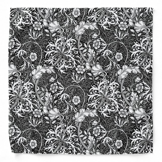 Art Nouveau Seaweed Floral, Black and White Bandana (Front)