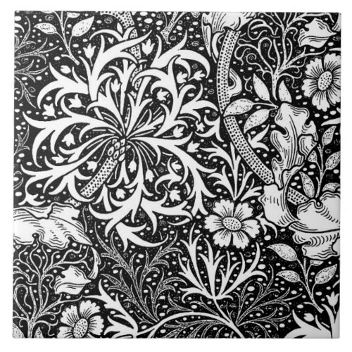 Art Nouveau Seaweed Floral Black and White Ceramic Tile