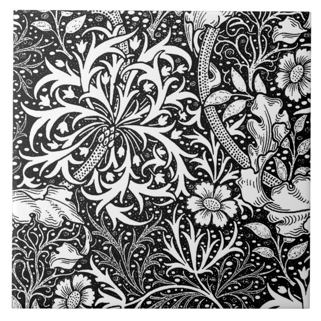 Art Nouveau Seaweed Floral, Black and White Ceramic Tile (Front)