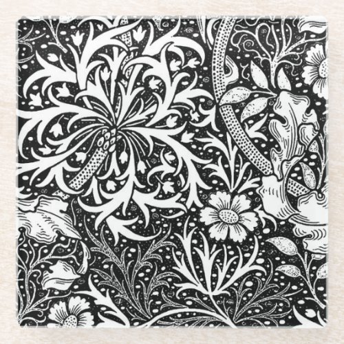 Art Nouveau Seaweed Floral Black and White Glass Coaster