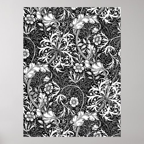 Art Nouveau Seaweed Floral Black and White Poster