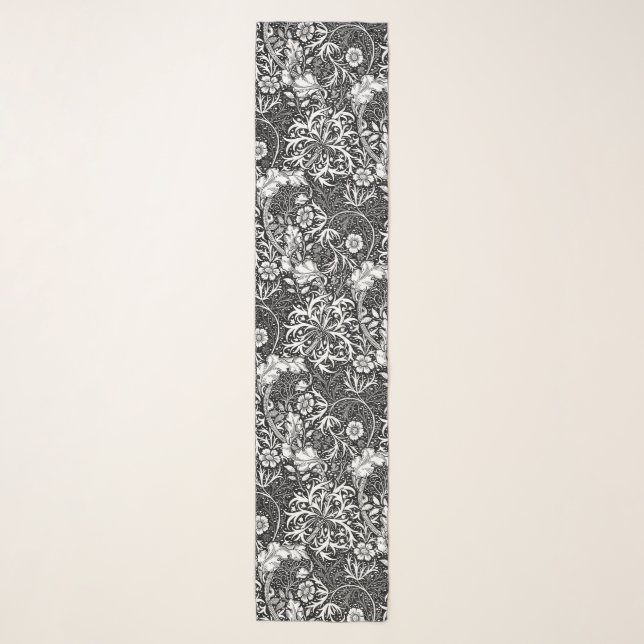 Art Nouveau Seaweed Floral, Black and White Scarf (Front)