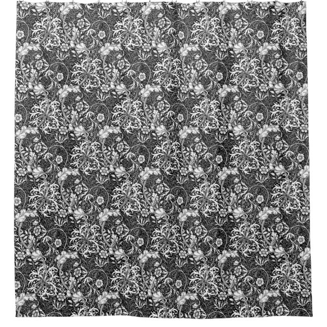 Art Nouveau Seaweed Floral, Black and White Shower Curtain (Front)