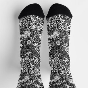 Art Nouveau Seaweed Floral, Black and White Socks