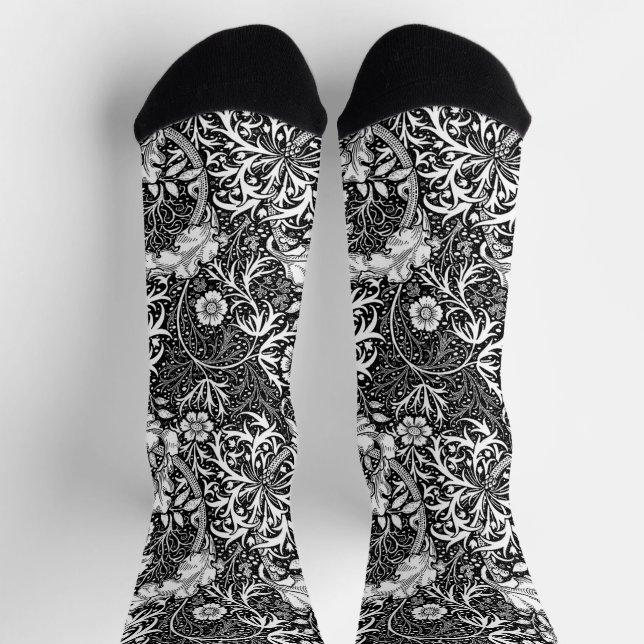 Art Nouveau Seaweed Floral, Black and White Socks (Top)