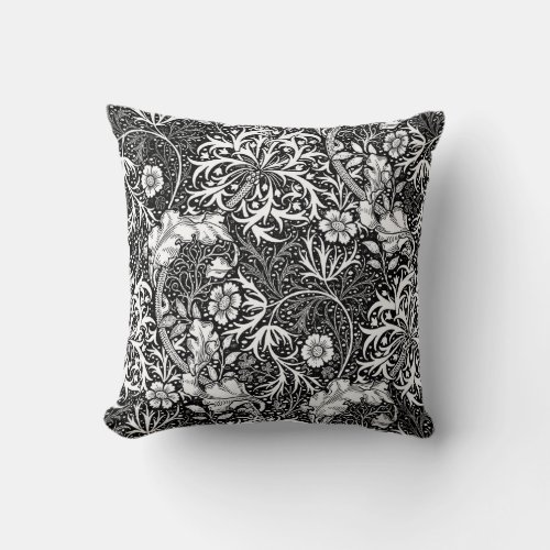 Art Nouveau Seaweed Floral Black and White Throw Pillow