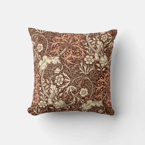 Art Nouveau Seaweed Floral Brown and Beige Throw Pillow