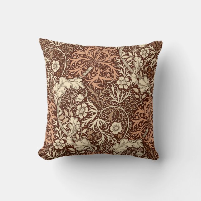 Art Nouveau Seaweed Floral, Brown and Beige Throw Pillow (Front)