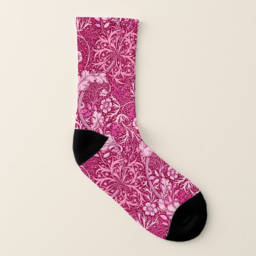 Art Nouveau Seaweed Floral Burgundy  Coral Pink Socks