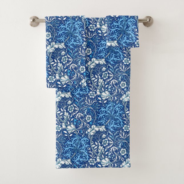 Art Nouveau Seaweed Floral, Cobalt Blue and White Bath Towel Set (Insitu)