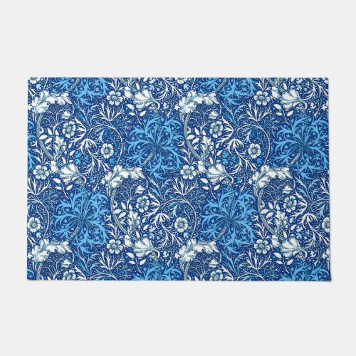 Art Nouveau Seaweed Floral Cobalt Blue and White Doormat