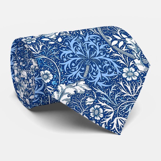 Art Nouveau Seaweed Floral, Cobalt Blue and White Neck Tie (Rolled)