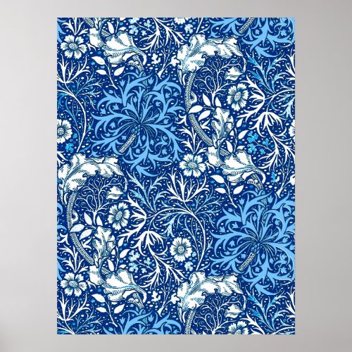 Art Nouveau Seaweed Floral Cobalt Blue and White Poster