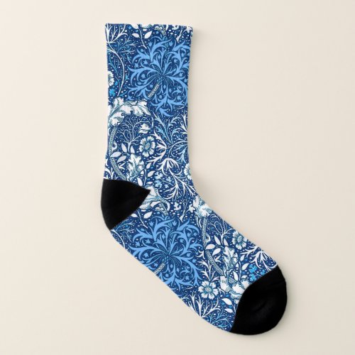 Art Nouveau Seaweed Floral Cobalt Blue and White Socks