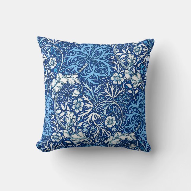 Art Nouveau Seaweed Floral, Cobalt Blue and White Throw Pillow (Front)