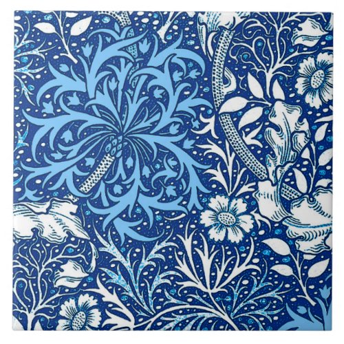 Art Nouveau Seaweed Floral Cobalt Blue and White Tile