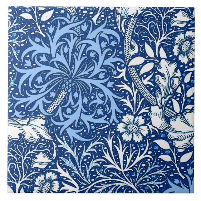 Art Nouveau Seaweed Floral, Cobalt Blue and White Tile (Front)