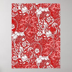 Art Nouveau Seaweed Floral, Coral Red and White Poster