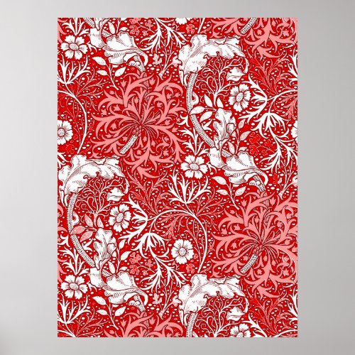 Art Nouveau Seaweed Floral Coral Red and White Poster