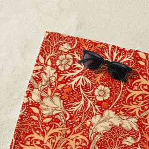 Art Nouveau Seaweed Floral, Deep Coral Orange Beach Towel
