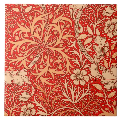 Art Nouveau Seaweed Floral Deep Coral Orange Ceramic Tile