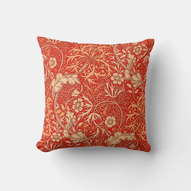 Art Nouveau Seaweed Floral, Deep Coral Orange Throw Pillow (Front)