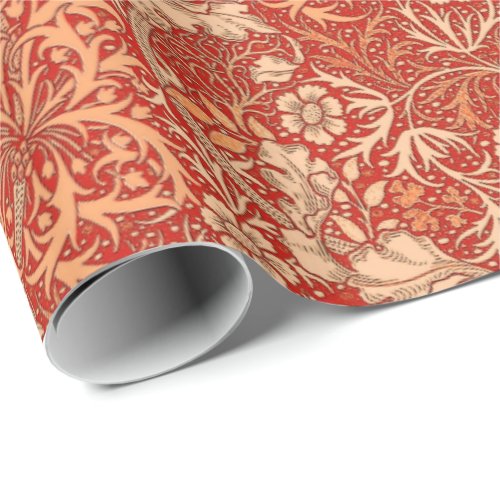 Art Nouveau Seaweed Floral Deep Coral Orange Wrapping Paper