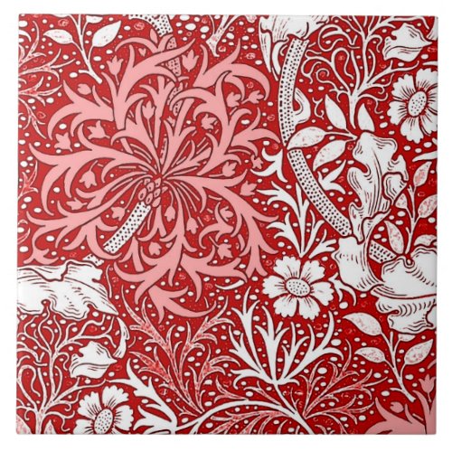 Art Nouveau Seaweed Floral Deep Red and White Ceramic Tile
