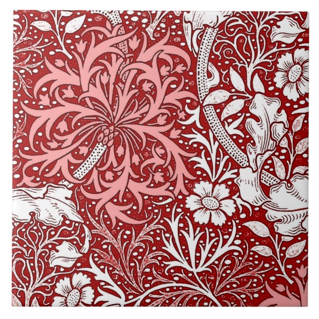 Art Nouveau Seaweed Floral, Deep Red and White Ceramic Tile (Front)