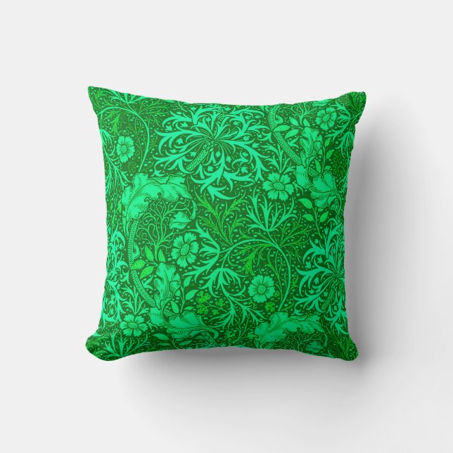 Art Nouveau Seaweed Floral, Emerald Green Throw Pillow (Front)