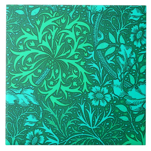 Art Nouveau Seaweed Floral Turquoise and Aqua Ceramic Tile
