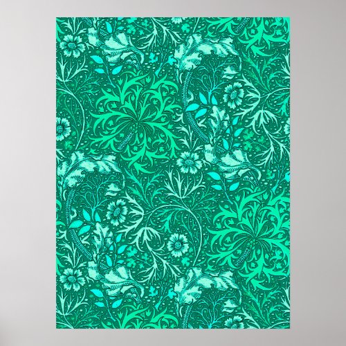 Art Nouveau Seaweed Floral Turquoise and Aqua Poster