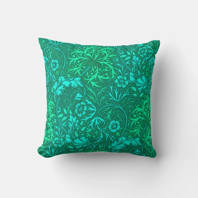 Art Nouveau Seaweed Floral, Turquoise and Aqua Throw Pillow (Front)