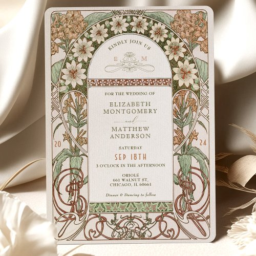 Art Nouveau Sepia  Cream Floral Wedding Invitation