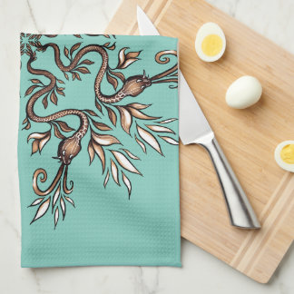 Art Nouveau Serpents Mandala - Dark Acaddemia Teal Kitchen Towel