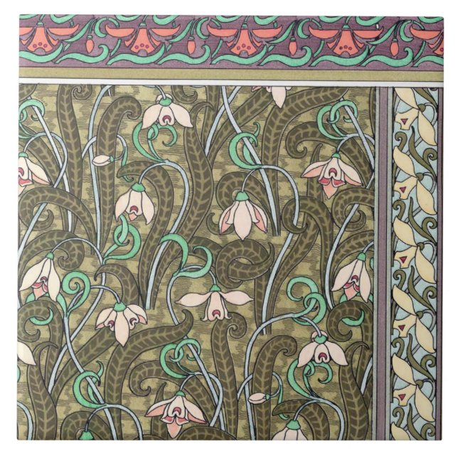 Art nouveau snowdrop flower pattern ceramic tile (Front)