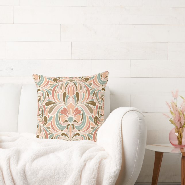 Art Nouveau Spirit Peach, Aqua, Taupe Throw Pillow (Couch)