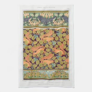 Art nouveau squirrel bird floral fall textile art kitchen towel
