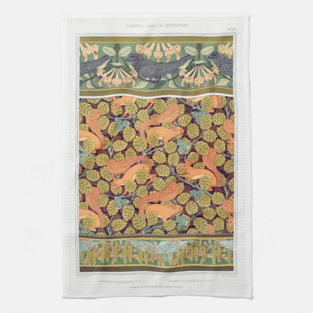 Art nouveau squirrel bird floral fall textile art kitchen towel (Vertical)
