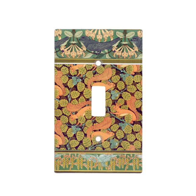 Art nouveau squirrel bird floral fall textile art light switch cover (Front)