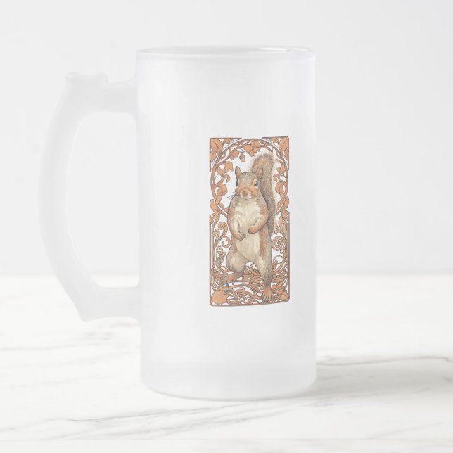 Art Nouveau Squirrel - funny squirrel lover Frosted Glass Beer Mug (Left)