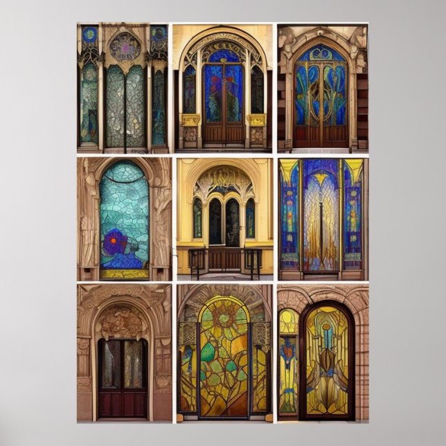 Art Nouveau Stained Glass Building Street Door Poster (Front)