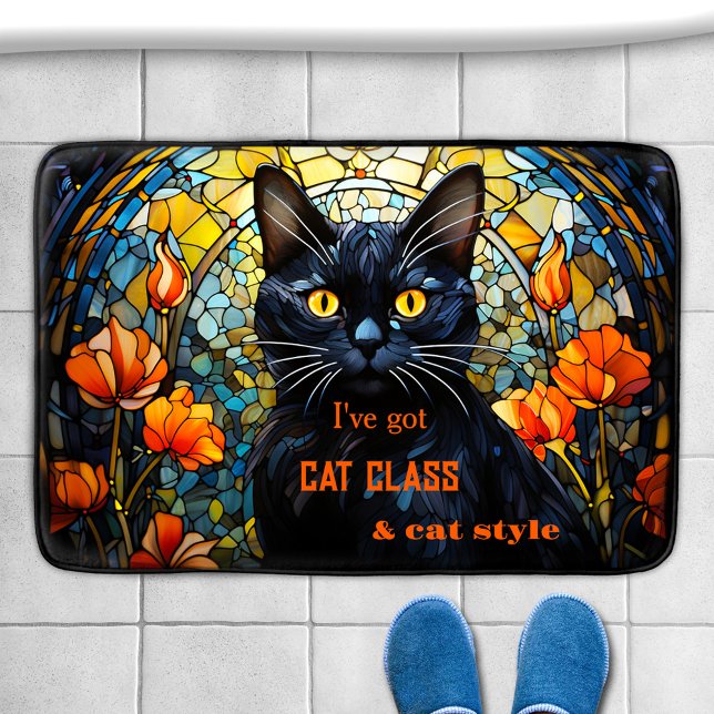 Art Nouveau Stained Glass Cat Bath Mat (Bath mat featuring an illustration of a black cat in art nouveau style stained glass / leaded glass)