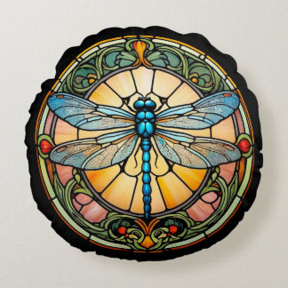 Art Nouveau Stained Glass Dragonfly Round Pillow