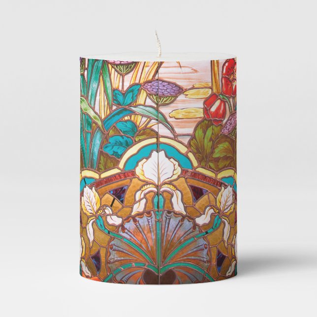 Art nouveau stained glass floral elegant  pillar candle (Front)
