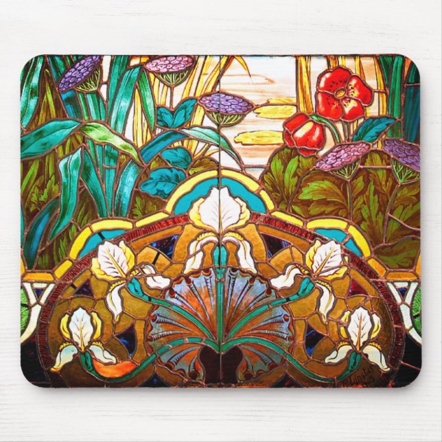 Art nouveau stained glass floral mouse pad (Front)