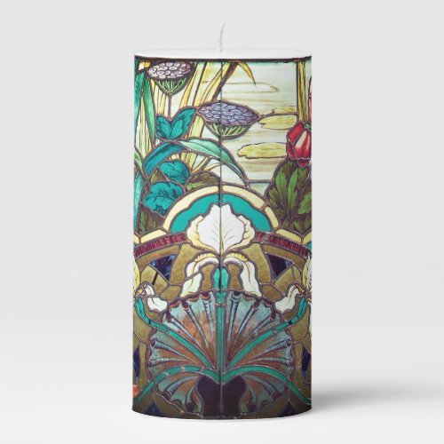 Art nouveau stained glass floral pillar candle