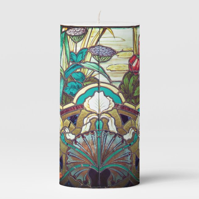 Art nouveau stained glass floral pillar candle (Front)