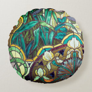 Art nouveau stained glass floral round pillow